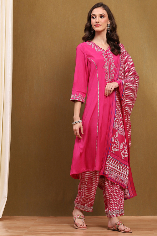 Fuchsia Modal Embroidered Festive Kalidar Suit Set