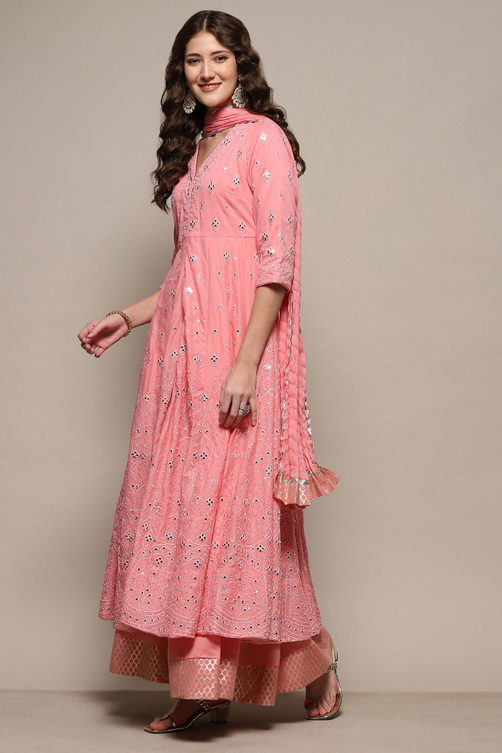 Pink Cotton Mirror work Anarkali Lehenga Set