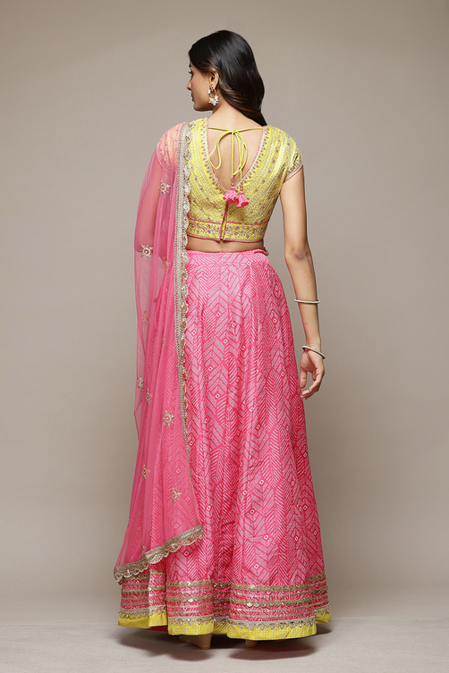Fuschia & Lime Green Cotton Blend Lehenga Set