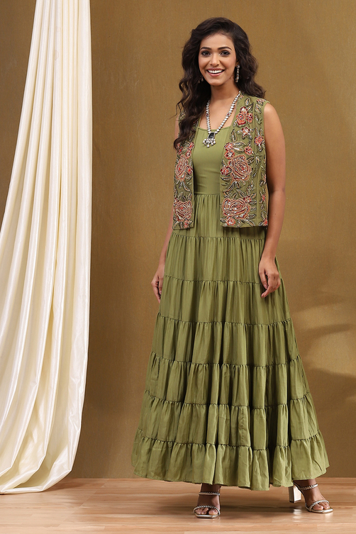 Green Georgette Festive Tiered Anarkali Dress