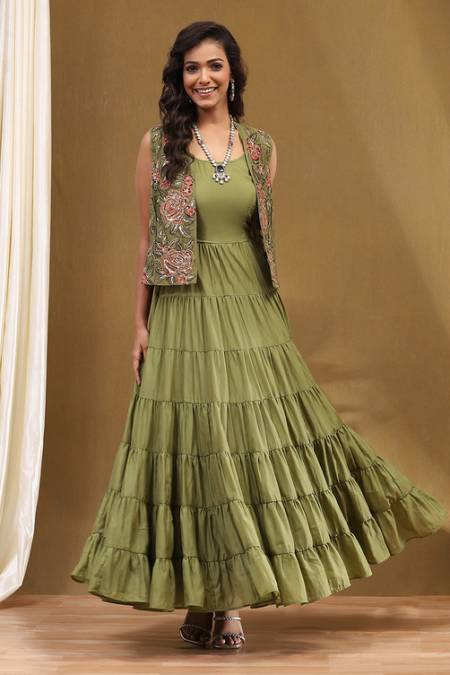 Green Georgette Festive Tiered Anarkali Dress
